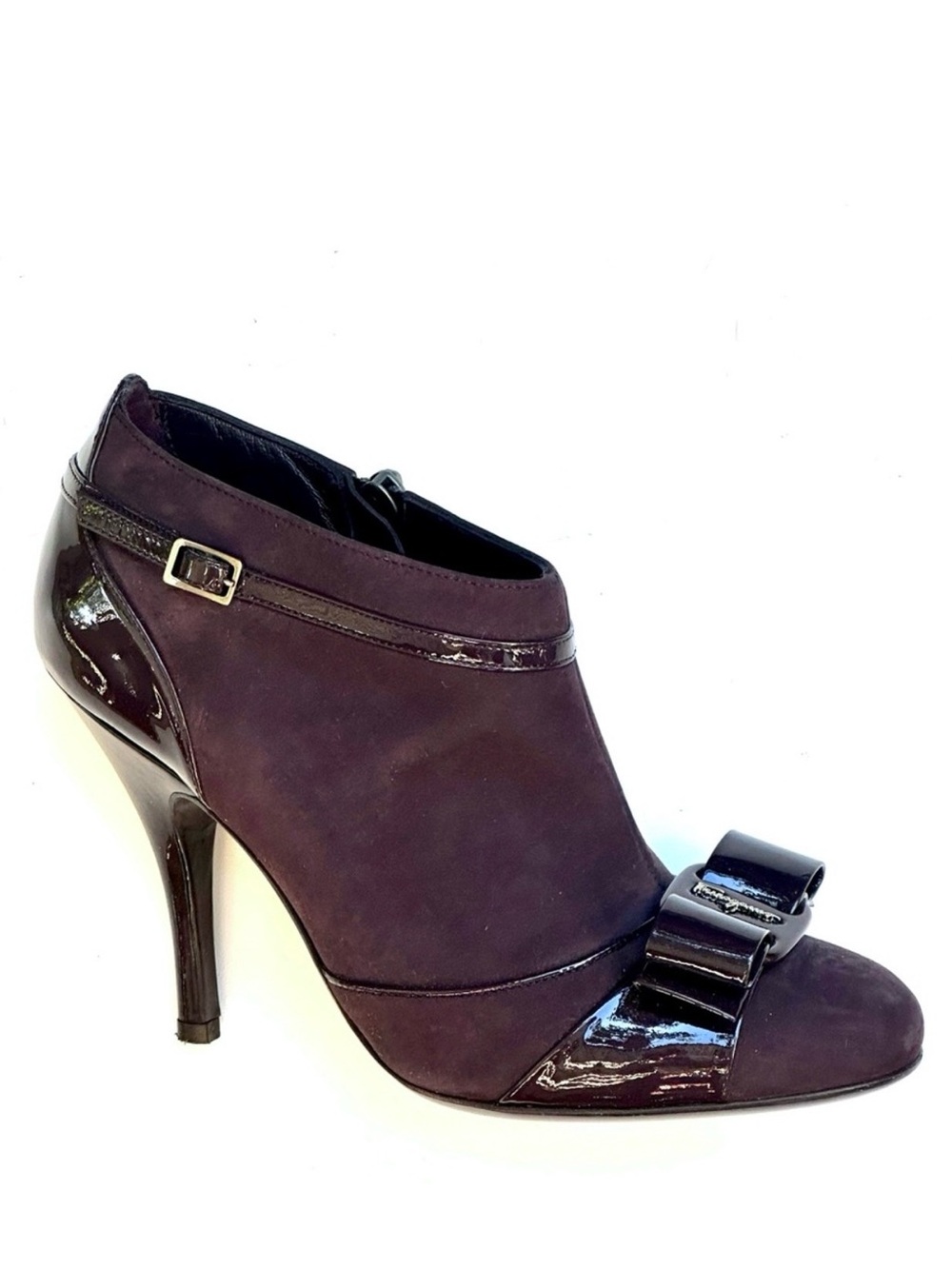 Like-New Salvatore Ferragamo Vara Bow Nubick & Patent Ankle Boots, Eggplant, 5